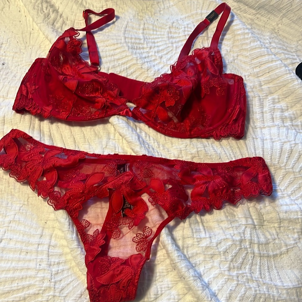 NWT red me g and embroidery Victoria secret set size 36D and lrg panties